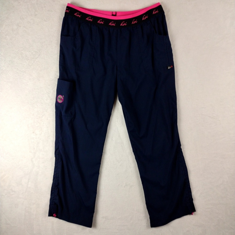 Koi Lite Peace Scrub Pants Navy Pink Waistband Slim Fit Style 720 XL Petite